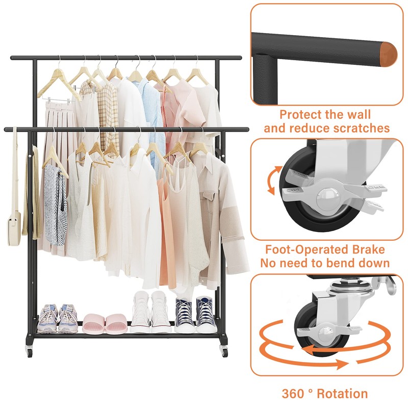 Calmootey Double Rod Clothing Garment Rack,Rolling Hanging Clothes Rack,Portable Clothes