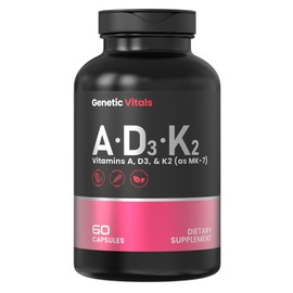 Genetic Vitals ADK - Dietary Supplement with Vitamins A, D3 & K2 (MK-7) – Supports Bone Strength, Heart & Immune Health – Vegetarian Gluten-Free – 60 Capsules