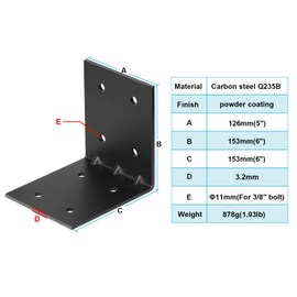 eoere 4 PCS 6" x 6" x 5" Black Steel L Right Reinforced Angle Bracket, Metal Joint Support Corner Brace for Wood, Thickness 1/8", Max.Load 180 lbs
