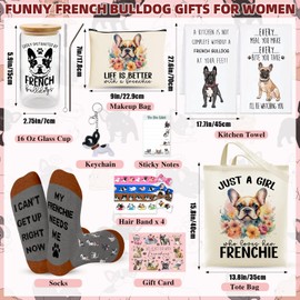 WOFIROY 11 PCS French Bulldog Gifts for Women, Best Frenchie Gift, Funny Gifts for Dog Lovers with Glass Cup Tote Bag Makeup Bag Socks 2 Kitchen Towels Keychain for Birthday Christmas Mother's Day