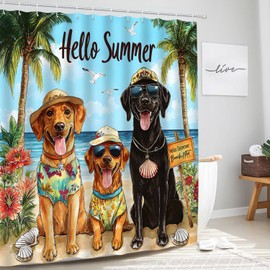 Funny Dog Beach Shower Curtain Summer Ocean Coastal Puppy Tropical Palm Tree Leaf Floral Seaside Seascape Fabric Bathroom Decor Curtain with Hooks 70" Wx70 H