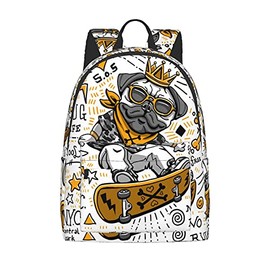 FeHuew 16 inch backpack Cartoon Pug Skull Laptop Backpack Full Print School Bookbag Shoulder Bag for Travel Daypack