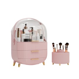 lurcns Makeup Organizers and Storage Make up Organizer for Vanity Cosmetics Skincare With Lid and Drawers Display Cases for Countertop Bathroom Women Teenager Girl Gifts(Pink+Brush Holder)