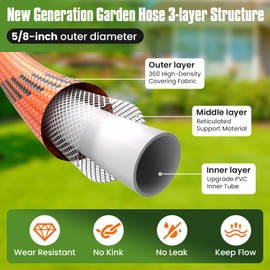 PLYPLYE Flexible Garden Hose 5/8''x100 ft, Non-Expanding Lightweight Water Hose, with 10 Pattern Sprayer, All Weather, Durable, Kink and Abrasion-Resistant, Leak-Free, Orange