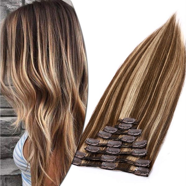 Clip-In Real Hair Extensions 8-Piece Set, Remy Hairpieces, Medium Brown/Honey Blonde #4p27, 40 cm (90 g)