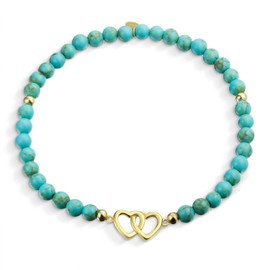 Interlocking Hearts BFF Strand Bead Blue Turquoise Stretch Bracelet For Women Teens 14K Gold Plated Sterling Silver