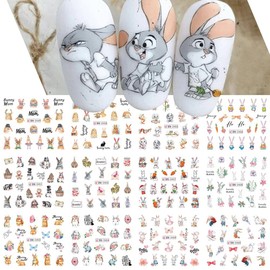 Bunny Nail Art Stickers Easter Nail Decals Cartoon Cute Bunny Carrot Rabbit Water Transfer Nail Accessories Flower Design Acrylic Nail Supplies Holiday Nail Decoration for Women Girls Manicure 12Sheet