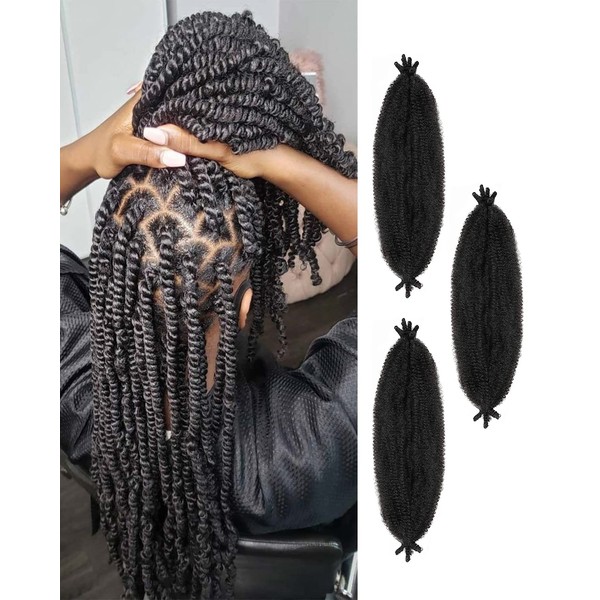 3 Packs Springy Afro Twist Hair with Crochet Hook, 24 Inch Pre-Separated Marley Crochet Braiding Hair for Distressed Soft Locs, Natural Black Synthetic Hair Extension for Black Women(1B#)