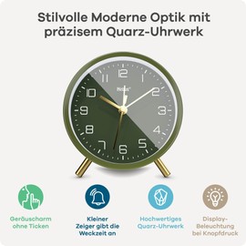 Mebus Silent Alarm Clock with Stylish Design, Snooze and Illuminated Dial - In Green for Any Room 56972