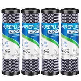 PurePlus 1 Micron 2.5" x 10" Whole House CTO Carbon Water Filter Cartridge, 4Pack