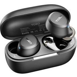 TOZO - Auriculares inalámbricos A1 con Bluetooth de 5.3 pulgadas, ligeros, micrófono integrado, resistente al agua, IPX5, con sonido premium inmersivo, conexión de larga distancia con funda de carga, color negro