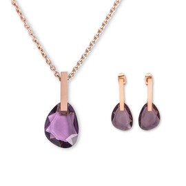 LuckyLy Set Juego de Joyería para Mujer con Cristal Morado Color Amatista, Aretes y Collar de Acero Inoxidable con Baño de Oro Rosa 18k – Regalos para Mujer Originales y Regalos para Mamá, Modelo Amber