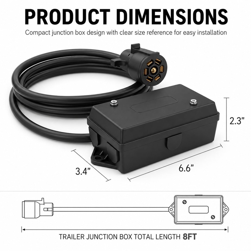 PKDOAX 7 Way Trailer Cord with Junction Box, 8 Ft