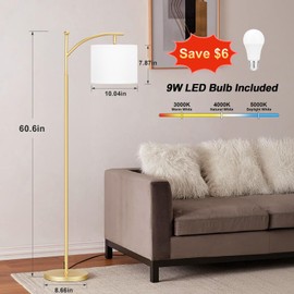 60" Floor Lamps for Living Room with 3 Color Temperatures, Adjustable White Shade with Gold Pole, Tall Lamps for Living Room Bedroom Office Classroom Dorm Room, 9W Bulb Included