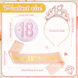 Chuangdi 3 Pieces 18th Rose Gold Birthday Decorations Set Rose Gold Happy 18th Birthday Sash 18th Birthday Rhinestone Tiara Crown Headband Number 18 Badge for Girls 18th Birthday Party Accessories