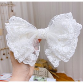 SOTHENG Bows Hair Clips for Women，Cute Aesthetic Hair Accessories，Girls French Barrette Bowknot with Long Tail for Women， White Lace Hair Bow Clips