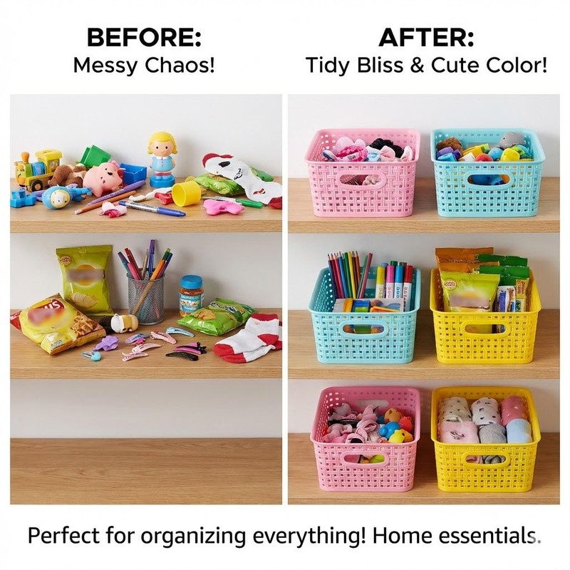 Colorful Small Plastic Storage Woven Baskets, 6 Pack Versatile Shelf