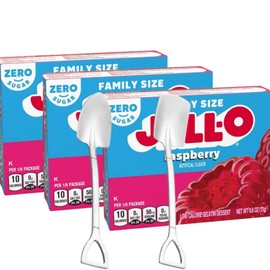 Gelatin Dessert Mix, 0.6 oz Box (Pack of 3) with Candy Freezer Mini Metal Spoons (Raspberry Zero Sugar) - Shovel Spoons