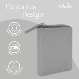 Baur Women's Genuine Leather Wallet with RFID Protection, Small Wallet, Many Card Slots, Wallet with Press Stud Closure and Zip Compartment, gray, Classic