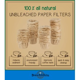 Brew Addicts 300 Paper Coffee Single-Use Filters, Brown, All-Natural & Unbleached for Keurig Brewers and Compatible with K-Cup Pods 1.0 & 2.0 Models, Disposable filters