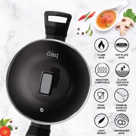 MILTON Pro cook Black Pearl Non-Stick Kadai with Glass Lid & Handles, 26 cm 3.4 Litre, Induction Base & Gas Compatible, 3 Layer Cookware for Cooking, Frying, Serving Kadhai