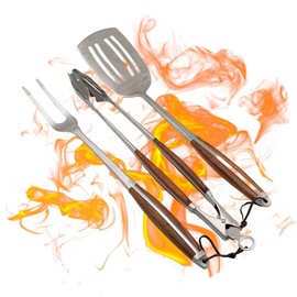 BBQ Dragon Luxury 3 Piece Stainless Steel Exotic Rosewood Handles Grill Tool Set - 18” Heavy-Duty Spatula, Tongs, & Fork - Leather Hanging Strap - 1.8 mm Thick 430 Stainless Steel - Long Handles