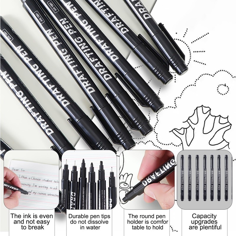 Yeria Black Drawing Pens, 12 Pack Black Fineliner Pens, Technical