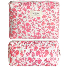 2Pcs Quilted Makeup Bag Set Flower Cute Pencil Case Large Small Travel Makeup Pouch Set for Women Coquette Makeup Bag Aesthetic Cotton Cosmetic Bag Pink Toiletry Organizer Storage Bag Big Zipper Pouch