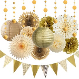 Gold Party Decorations Cream Tan Paper Fans Paper Lanterns Tissue Pom Poms Pennant Banner for Rustic Wedding Neutral Baby Shower Engagement Birthday Graduation Christmas New Year Party Decoration