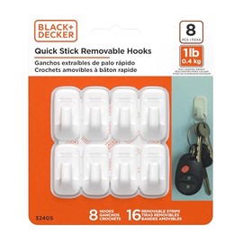 BLACK+DECKER Solid Wall Hooks, Quick Stick Adhesive, Removeable, 8 Wall Hooks, 16 Adhesive Strips, Hang Decorations Without Damaging Walls, up to 1 lb., White