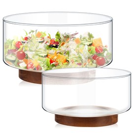 Domensi 2 Pcs Extra Large Glass Salad Bowl Set 125 oz and 57 oz Glass Fruit Bowl with Acacia Wood Base Popcorn Serving Salad Container for Kitchen Chips Pasta Snack Dessert