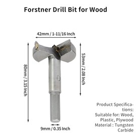 Cjueiom 42mm / 1-11/16 Inch Forstner Drill Bit, Tungsten Carbide Wood Bit for Hinge Holes, Plywood, Plastic, Woodworking Hole Saw Cutter for Drill Press & Hand Drill