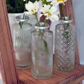 Modernist Home Silver Rimmed Baby Bud Vases, Set of 3, Clear Glass, Fancy Patterns, 5 Inches Tall