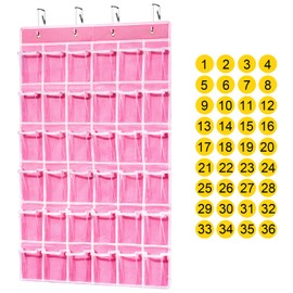 ANSTROUT 36 Clear Pockets Classroom Pocket Chart for Cell Phones, Pocket Chart Organizer for Calculator Holder with 36 Number Sticker Classroom Hanging Cell Phones Organizer (Pink)
