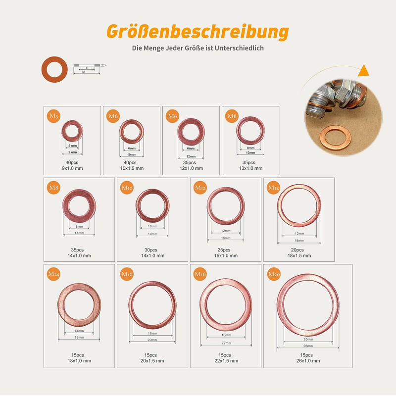 DIYoung 320pcs Copper Sealing Rings Assortment Flat Washers Set Locking