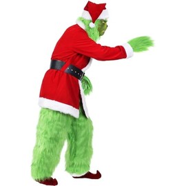 Christmas Costume for Men, Green Big Monster Adult 7PCS Deluxe Santa Suit Furry Cosplay Outfit, Xmas (S/M)