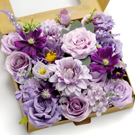 Piklado Artificial Flower Combination Box Set Artificial Flower Loose Leaves and Stems DIY Wedding Center Bouquet Bride Wedding Baby Shower(Lavender & Dark Purple)