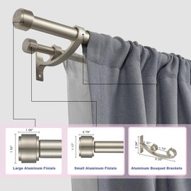 Lwiiom Double Curtain Rods with Aluminum Bouquet Brackets and End Cap Finials, Brushed Nickel Curtain Rods for Windows 36 to 72'',1-Inches Front and 5/8 Inches Back Double Drapery Rods