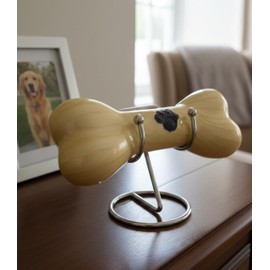 Decorative Bone Shape Aluminium pet urns Casket with Hand Engrave paw Mark for Pets Ashes with Display Stand - Unique Beautiful Cremation Urn for Pets -Memorial Keepsake for Dogs,Cats.. (Yellow)