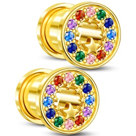 Jewseen Surgical Steel Ear Gauges Plugs Rainbow Cubic Zircon Ear Tunnels Star Gauges for Ears Gold Ear Plugs for Women 2g-5/8’’