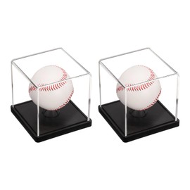 sourcing map 2Pcs Baseball Display Case with Wooden Round Base, Acrylic Baseball Display Cube Dust Clear Baseball Holders for Autographed Baseball, Memorabilia Baseball, Black/Clear