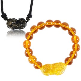 Soulnioi Natural Citrine Pixiu Bracelet 10mm Beaded String Bracelet Feng Shui Wealth Pixiu/Piyao Bracelet, Obsidian Pixiu Pendant Adjustable Black Cord Necklace, for Attract Lucky Love Wealth