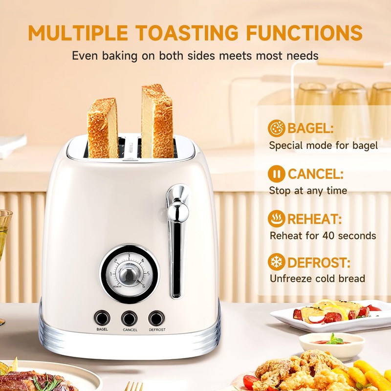 Wiltal Beige Cute Retro Toaster 2 Slice with 1.58" Wide