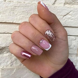 Short Press on Nails Square Acrylic Nails Artificial False Nails with Golden Glitter Designs White French Tip Fake Nails Pink Purple Full Cover Stick on Nails for Women
