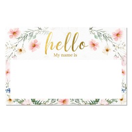 Mobiusea Creation Hello My Name is Stickers | 2.25" x 3.5" Wild Floral with Gold Foil Adhesive Labels | 100 Perforated Name Tags Sticker for Weddings, Parties, Bridal Showers & Baby Showers