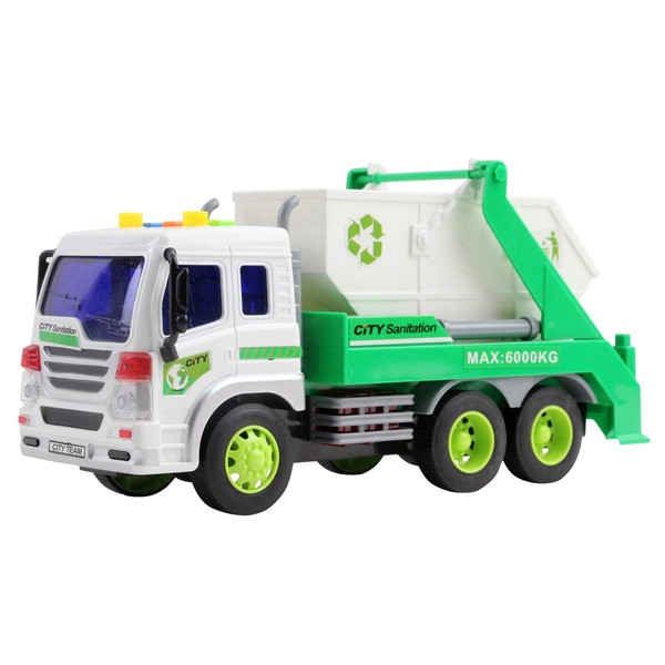Vokodo Friction Powered Garbage Truck with Lights and Sounds Lift Up Body 1:16 Scale Durable Kids Dump Sanitation Push and Go Toy Car Pretend Play Transport Vehicle Great Gift for Children Boys Girls