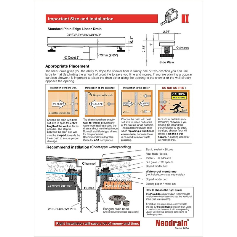 Neodrain 40-Inch Linear Shower Drain with Removable Quadrato Pattern Grate,Brushed