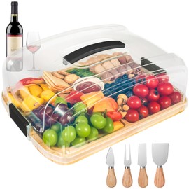 FuBegi Portable Charcuterie Board with Lid for Travel, Bamboo Charcuterie Cheese Board with Cover Compartments, To Go Charcuterie Box Serving Tray Board Set with Clear Locking Lid for Party Picnic Meat Snack