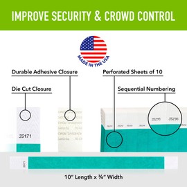 100 WristCo Caribbean Blue Tyvek Wristbands for Events - Comfortable Tear Resistant Paper Bracelets ID Wrist Bands for Concerts Festivals Admission Party Identification