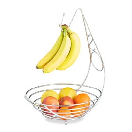 Relaxdays Obstschale mit Bananenhalter, Obstkorb verchromt, Bananenhaken, Stehend, HBT: ca. 42 x 29,5 x 32 cm, silber